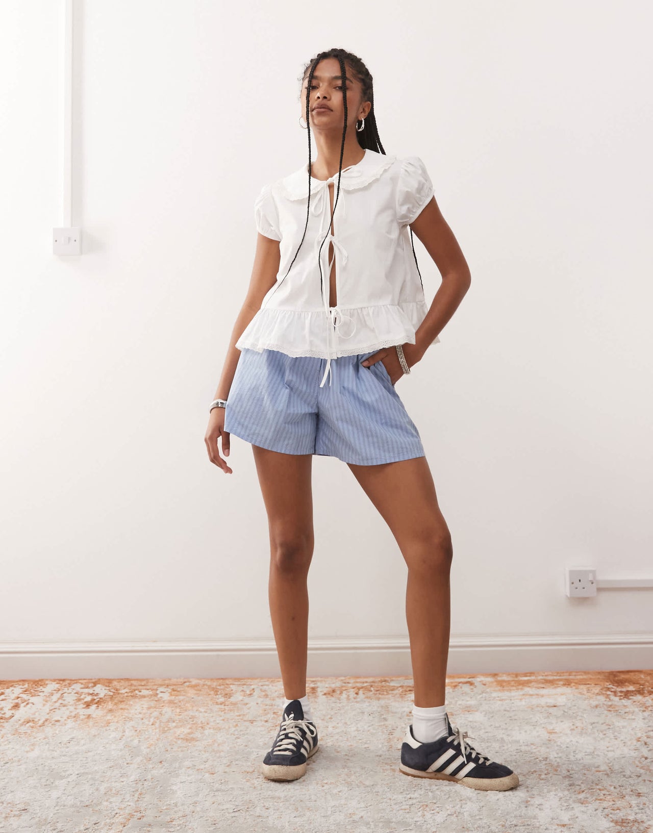 COLLUSION tie front top with collar in white