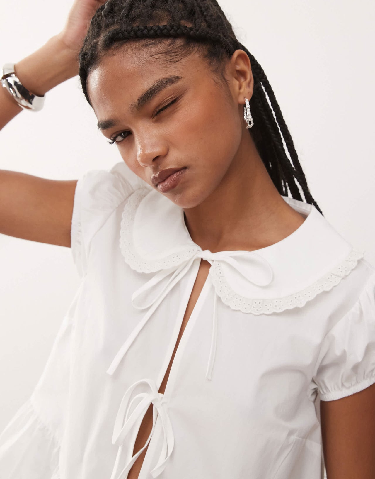 COLLUSION tie front top with collar in white