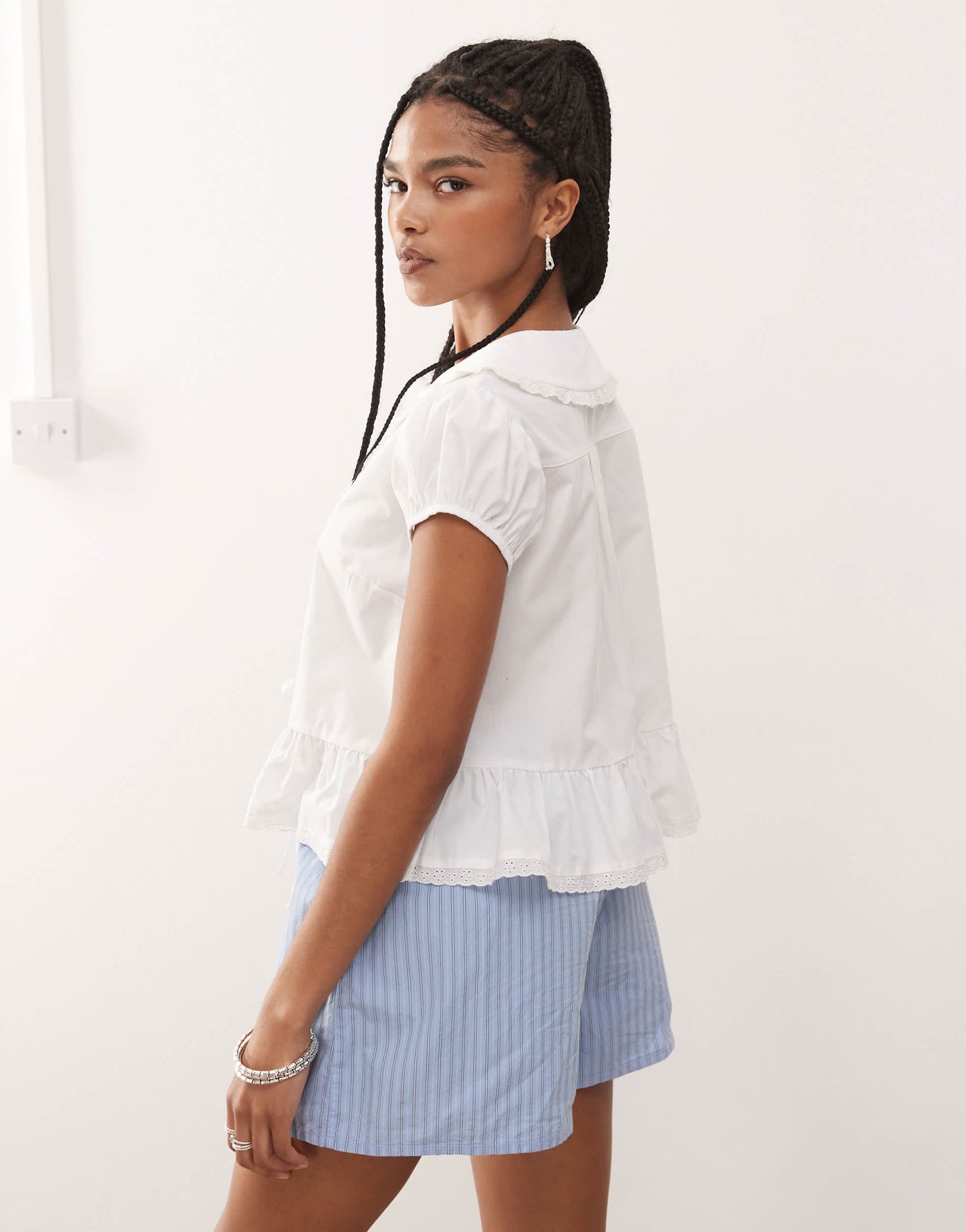 COLLUSION tie front top with collar in white