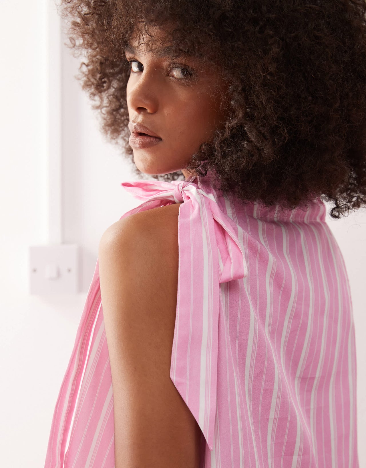 Reclaimed Vintage smock top with neck tie in pink stripe