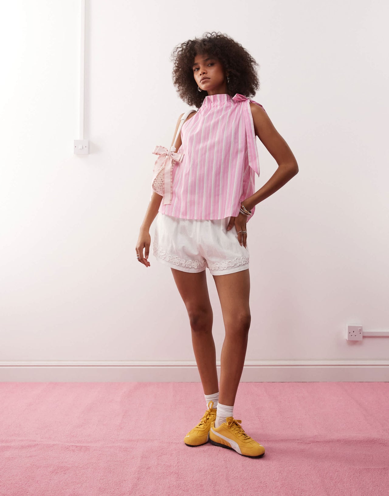 Reclaimed Vintage smock top with neck tie in pink stripe