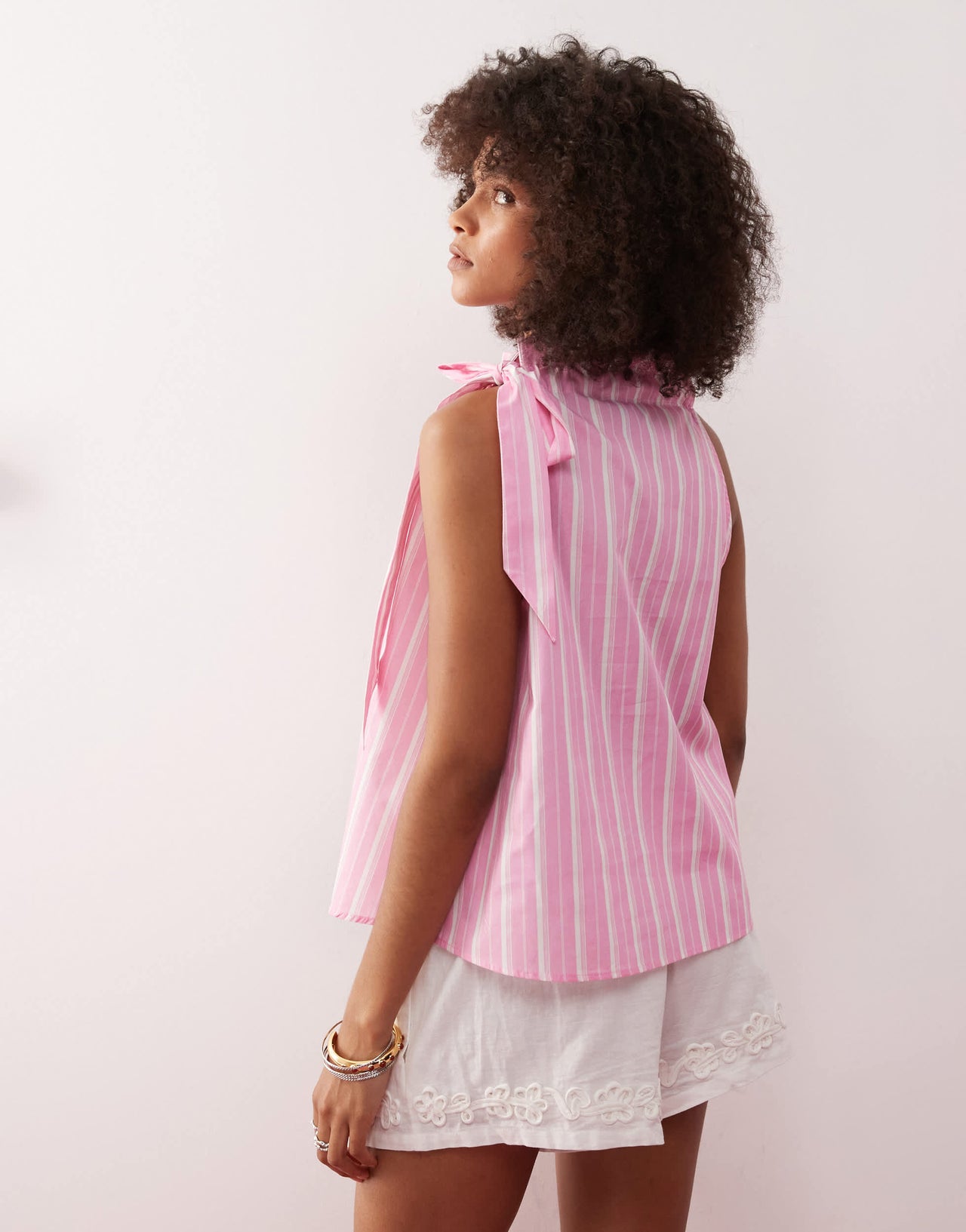 Reclaimed Vintage smock top with neck tie in pink stripe