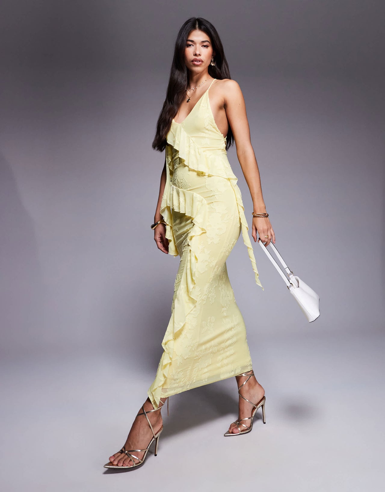 ASOS DESIGN devore ruffle strappy back maxi dress in butter yellow