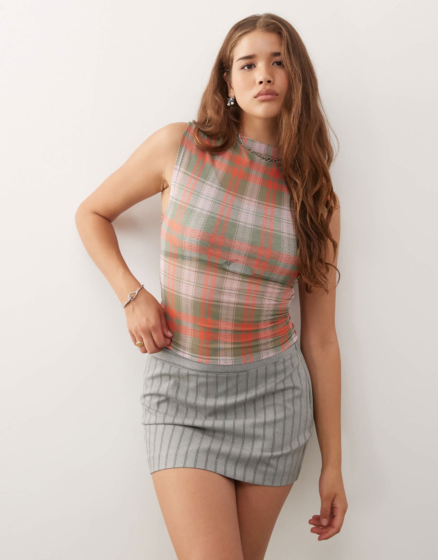 COLLUSION sheer check print mesh funnel neck top in multi