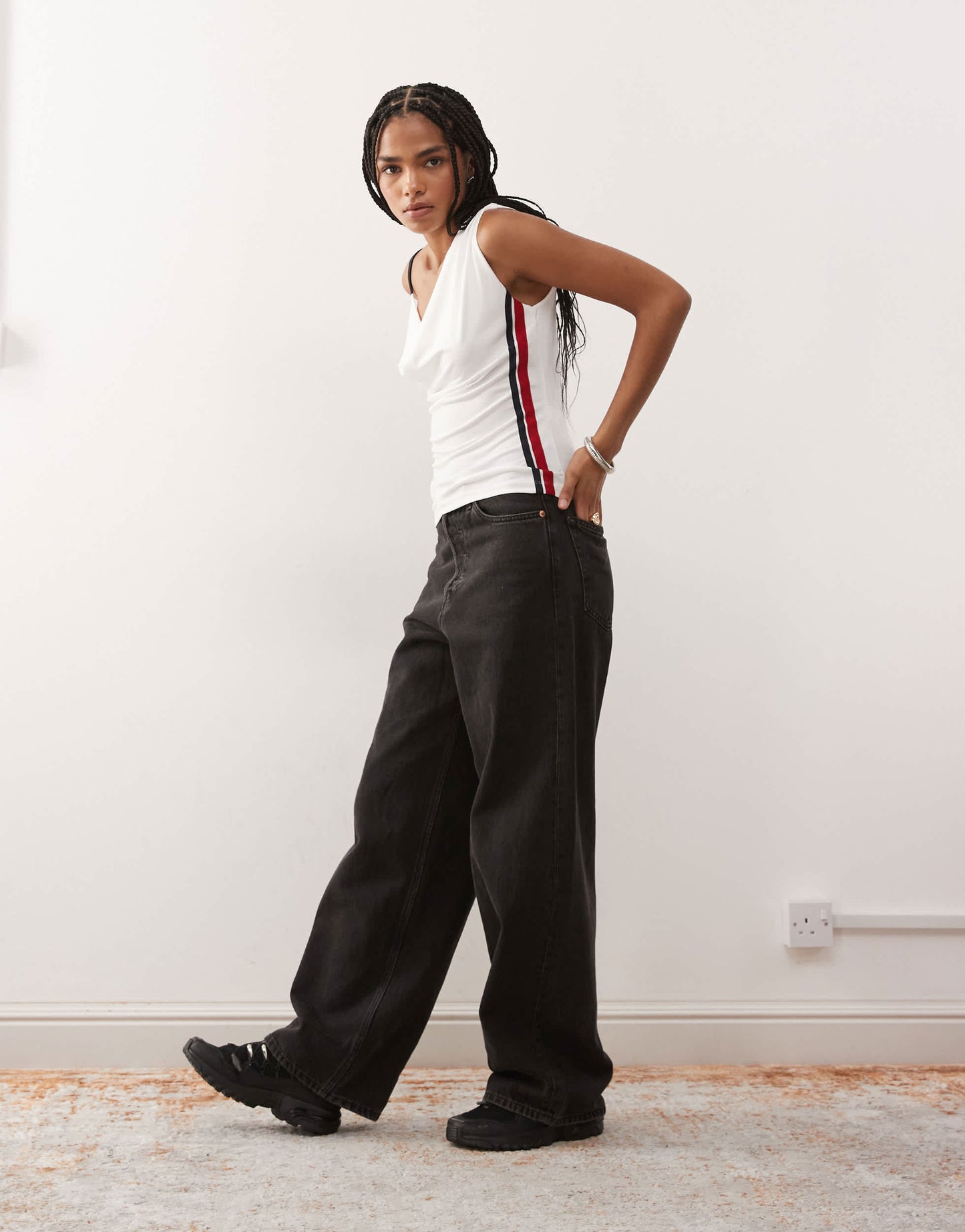 COLLUSION cowl neck cami with sporty stripe detail in white