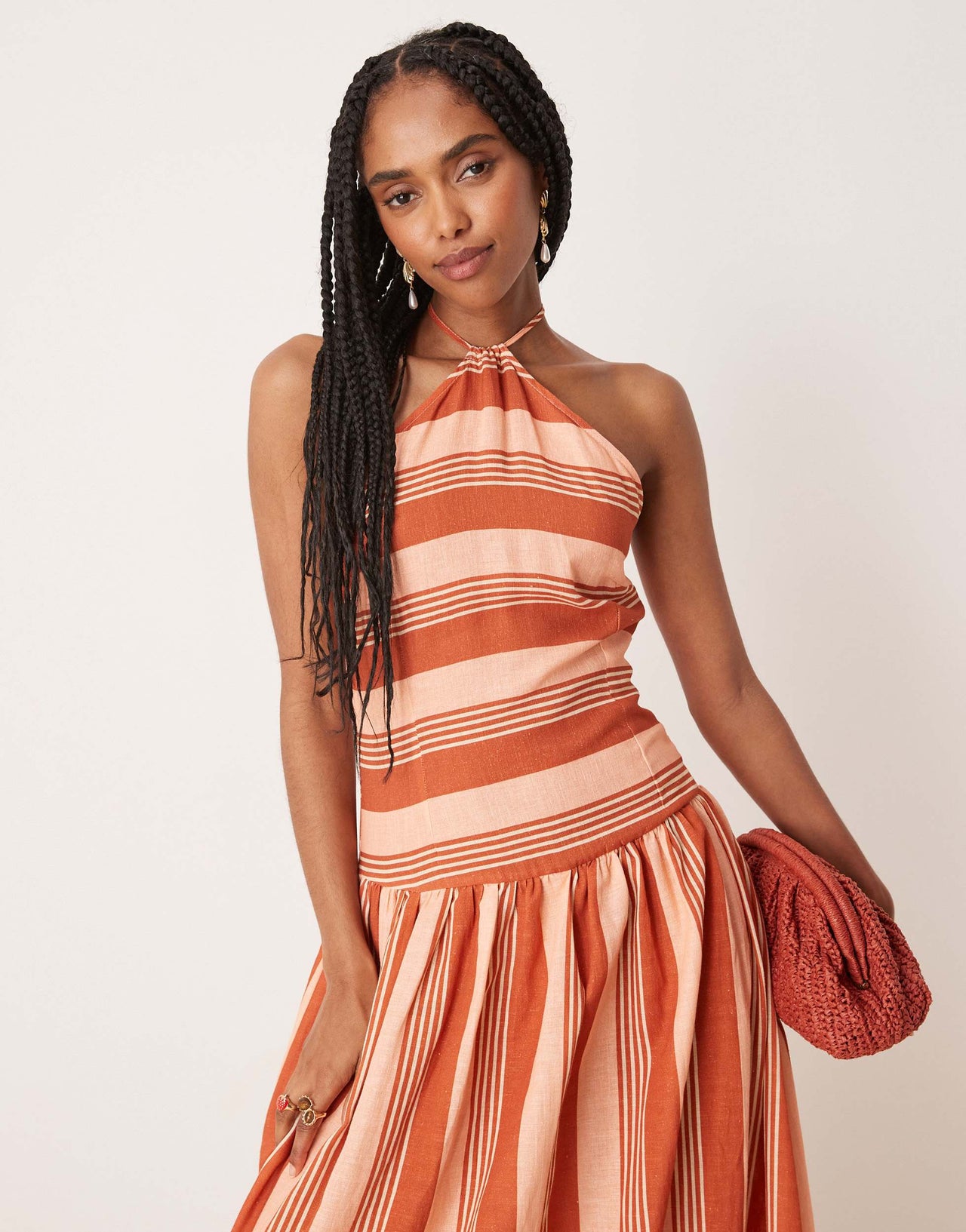 ASOS DESIGN halter neck dropped waist maxi in terracotta stripe