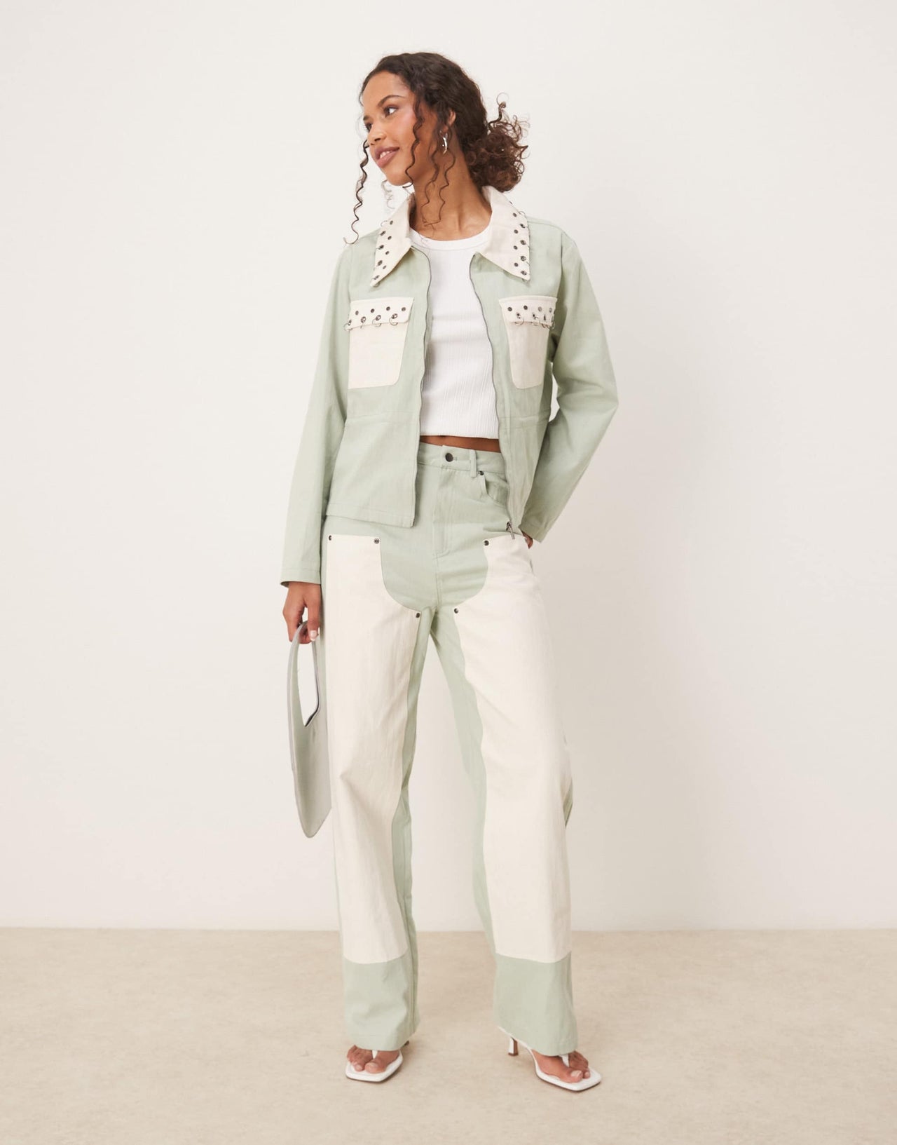 Ghospell contrast denim jacket in ligjt green