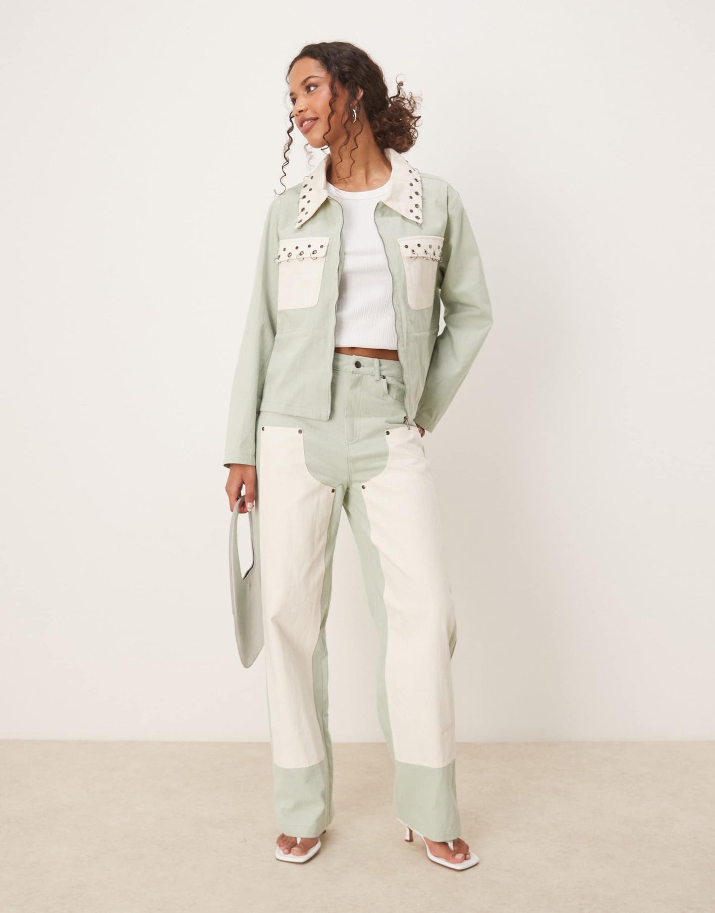 Ghospell contrast denim jacket in ligjt green