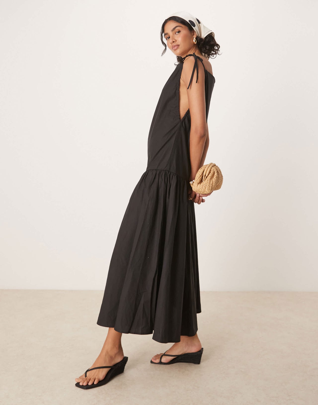 Ghospell bow shoulder midi dress in black