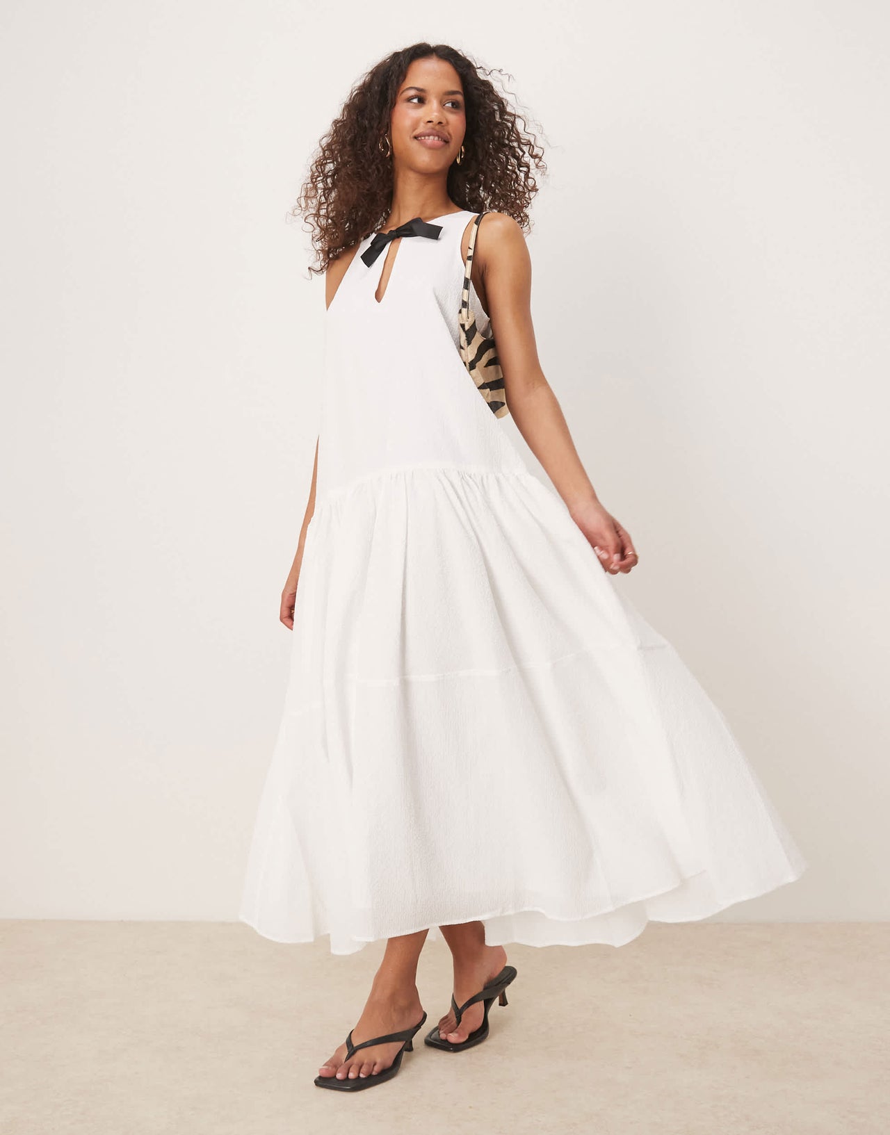 Ghospell tiered midi dress with contrast bow in white