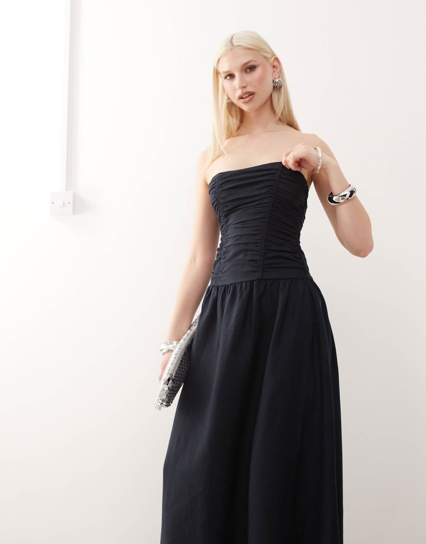 Lioness Lush linen blend bandeau ruched bodice detail maxi dress in navy