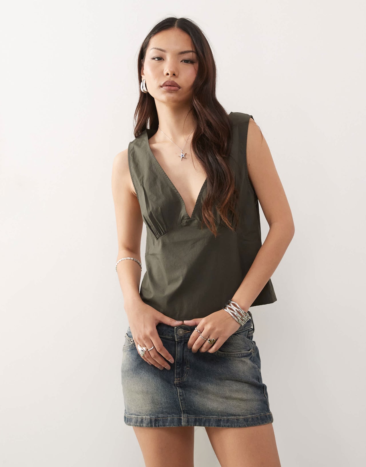 Weekday v neck top in off-black