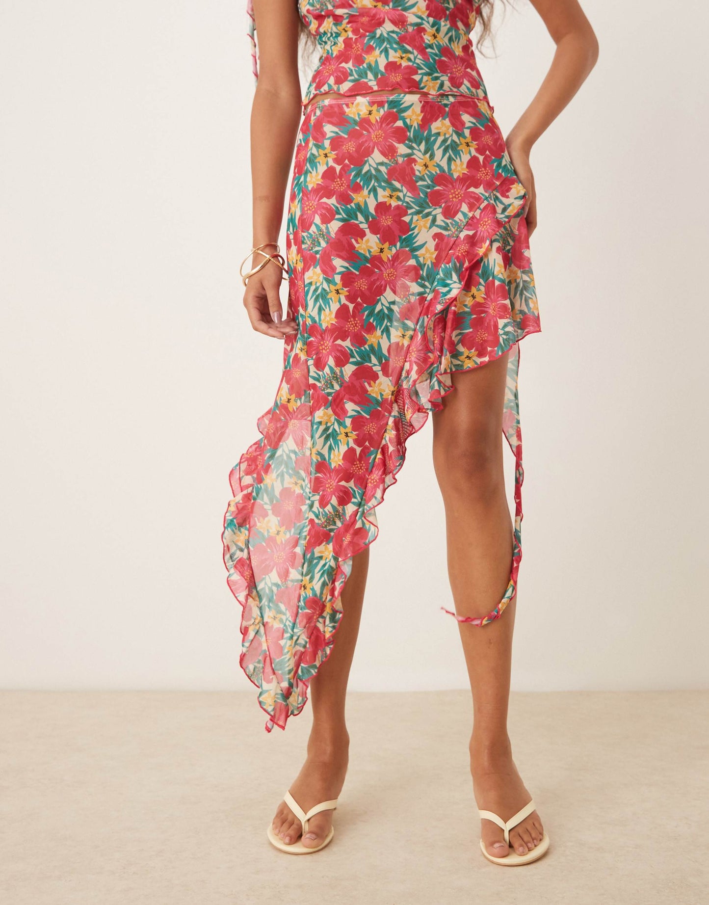 Wild Lovers Ohana floral ruffle mesh beach skirt co-ord in pink multi