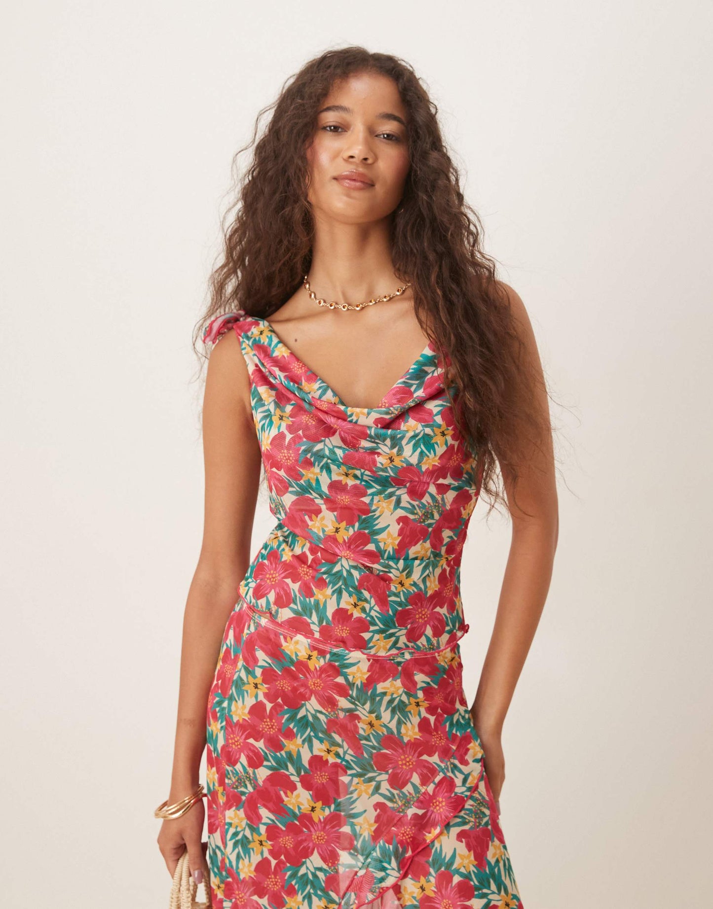 Wild Lovers Ohana floral ruffle mesh beach top co-ord in pink multi