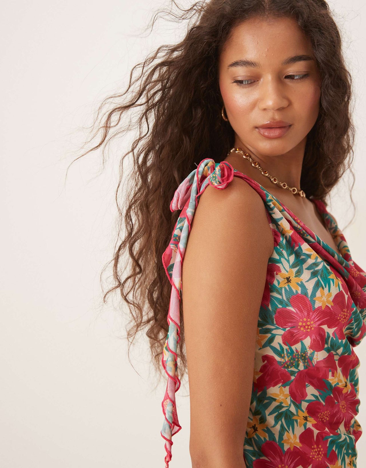 Wild Lovers Ohana floral ruffle mesh beach top co-ord in pink multi