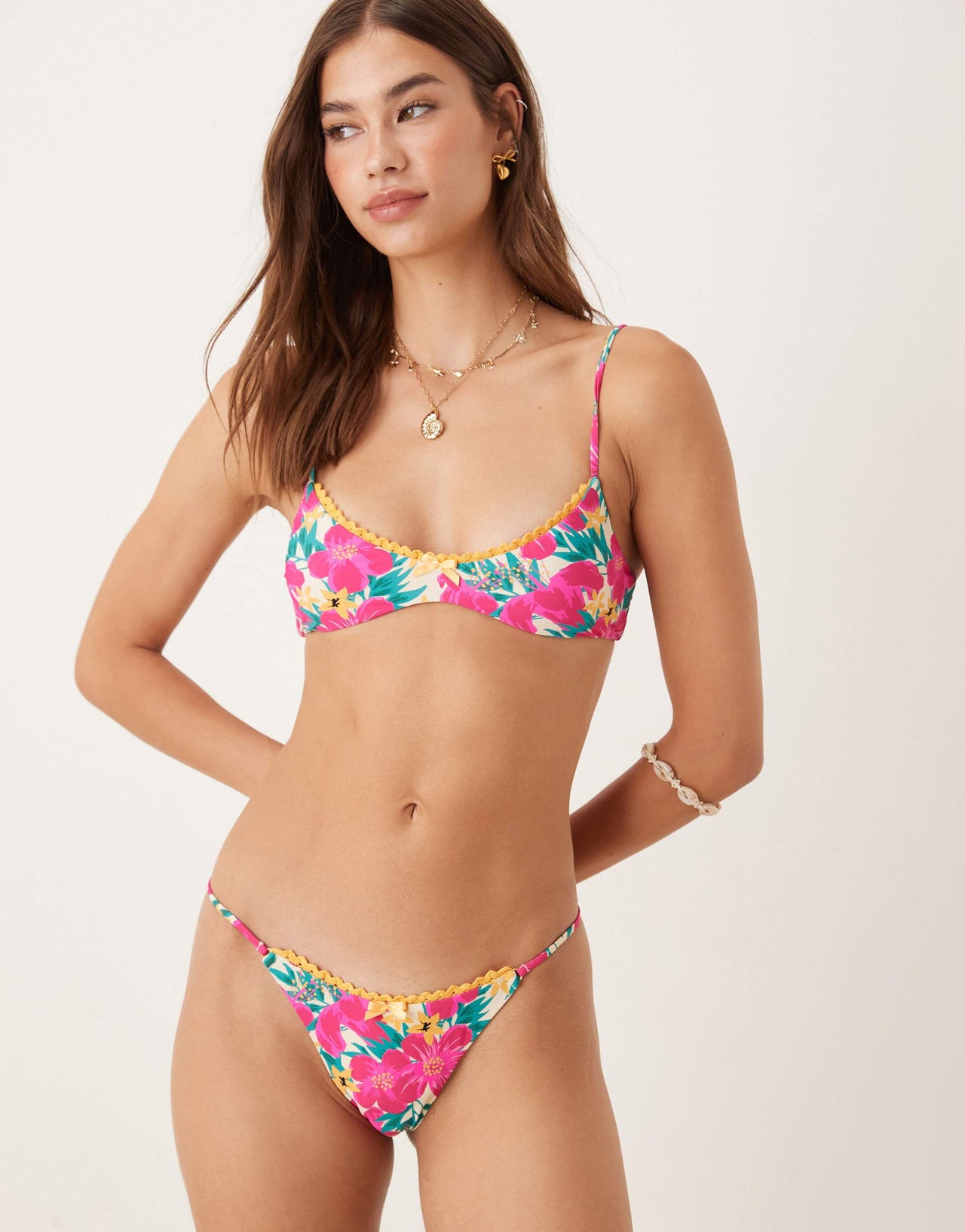 Wild Lovers Ohana floral print bikini bottom with contrast lace in pink multi