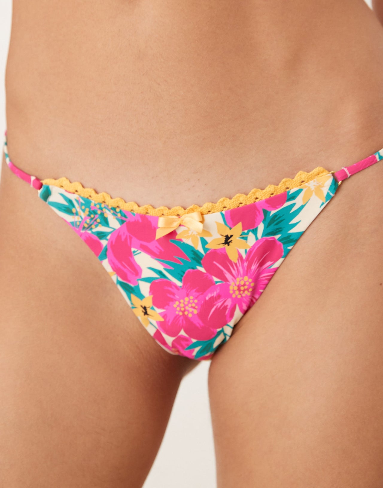 Wild Lovers Ohana floral print bikini bottom with contrast lace in pink multi