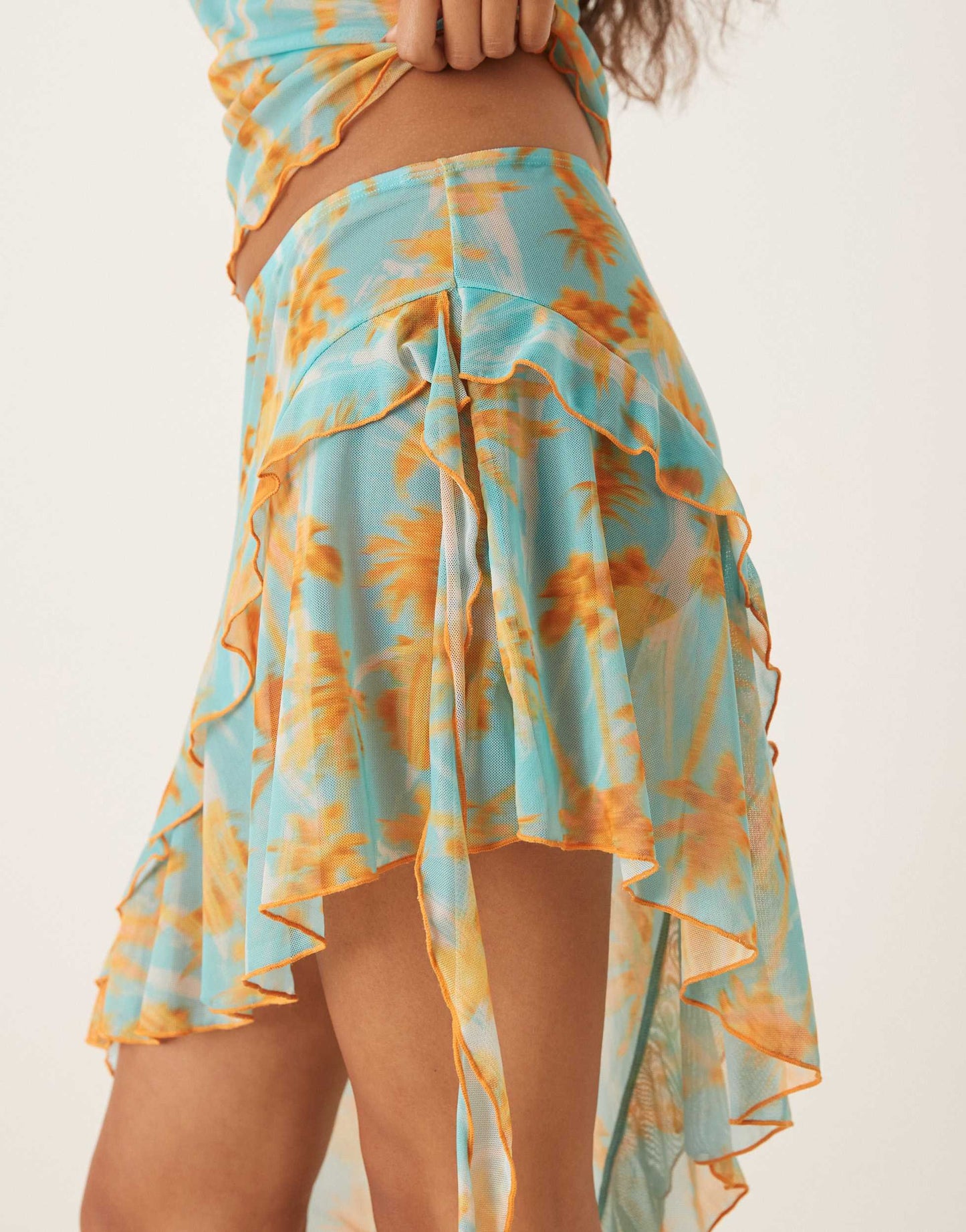 Wild Lovers Sweet Escape palm print ruffle mesh beach skirt co-ord in aqua