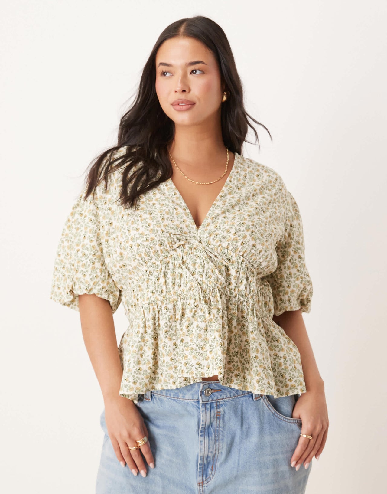 Nobody's Child Plus Cordellia puff sleeve crop top in yellow ditsy