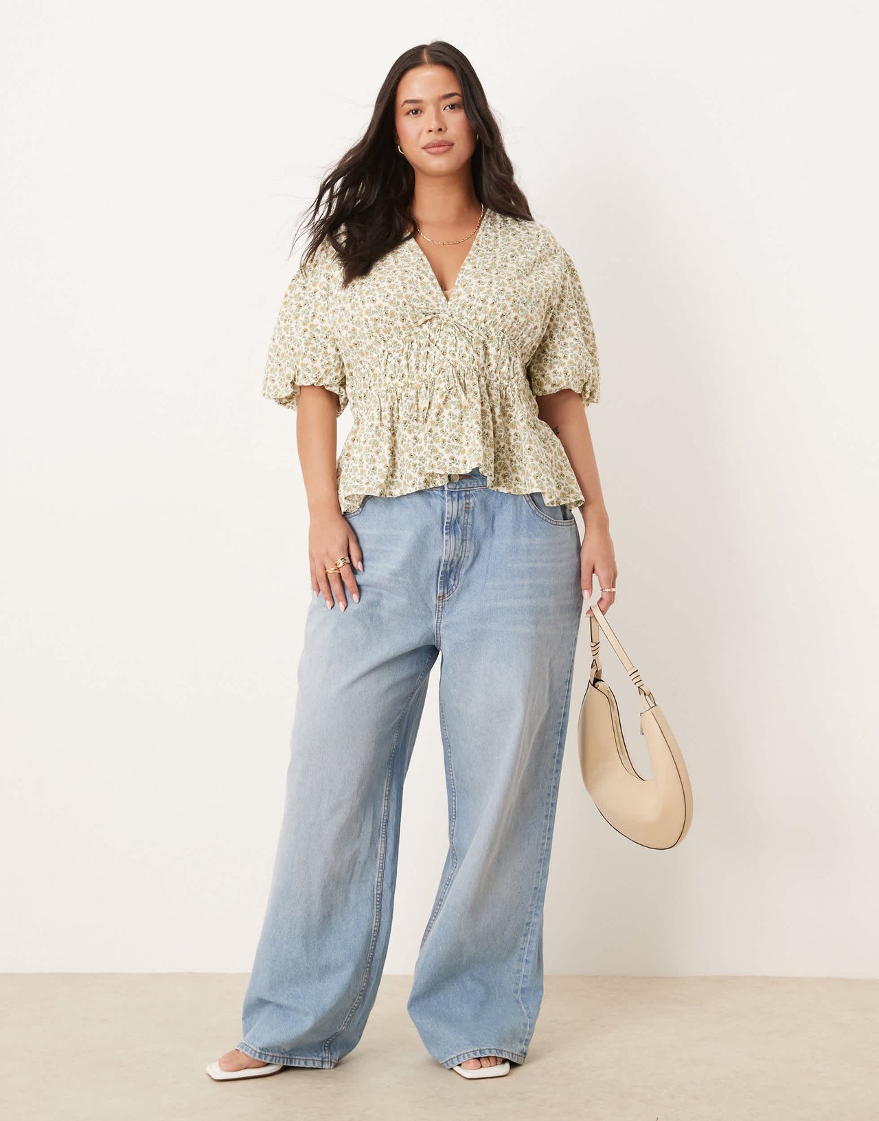 Nobody's Child Plus Cordellia puff sleeve crop top in yellow ditsy