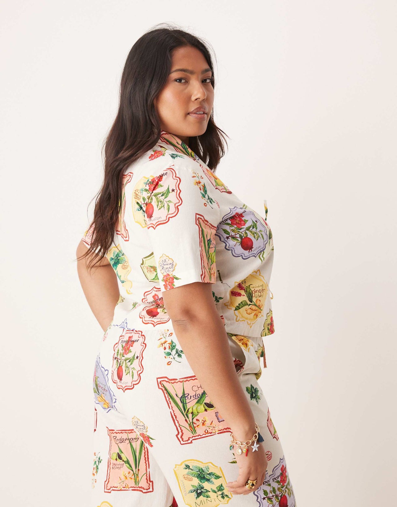Nobody's Child Plus Harper tie detail shirt co-ord in postcard fruit print