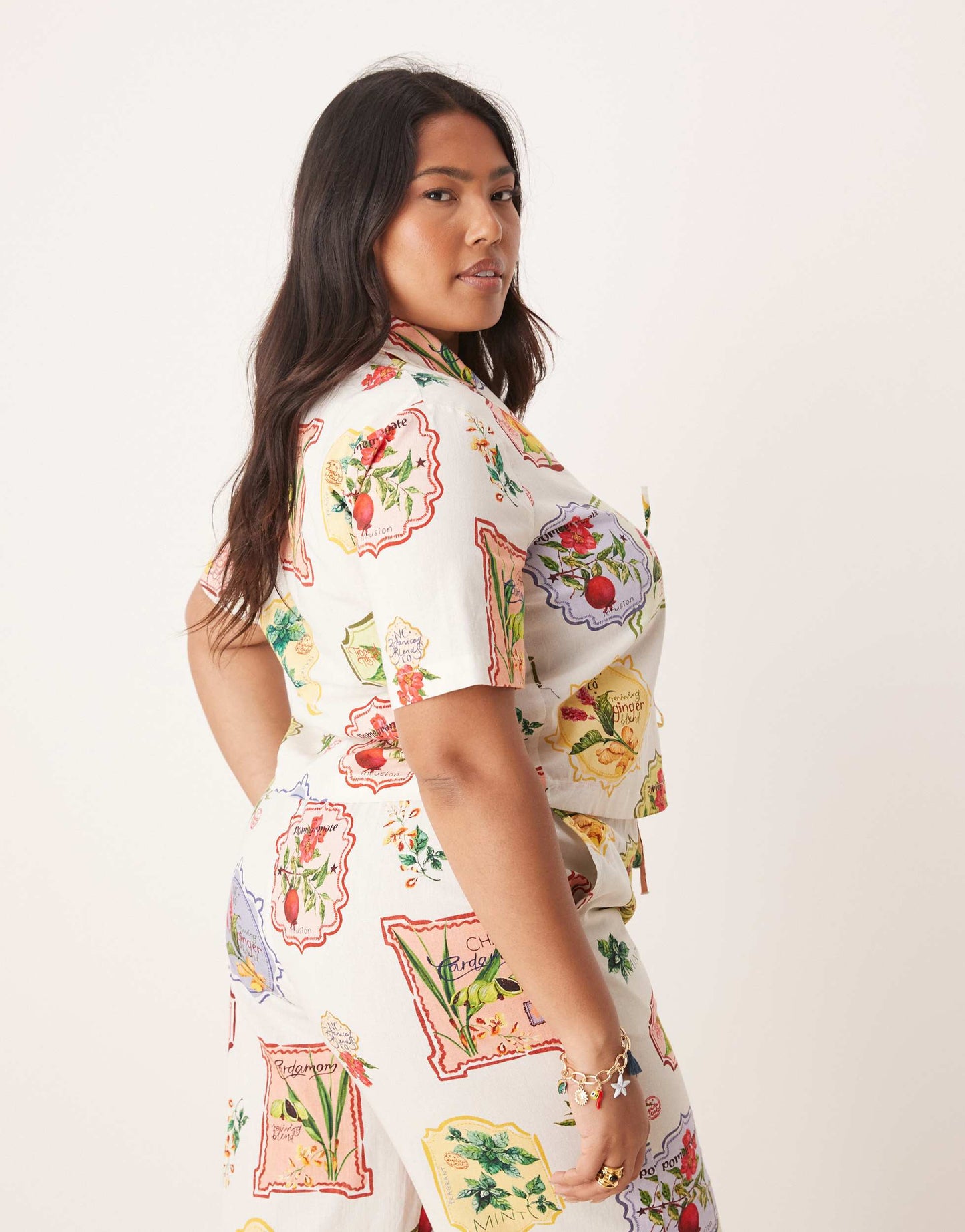Nobody's Child Plus Harper tie detail shirt co-ord in postcard fruit print
