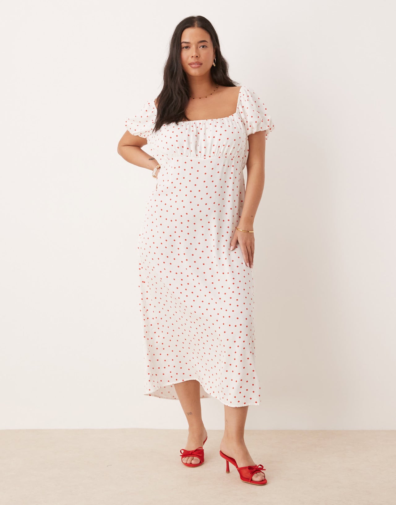 Nobody's Child Plus Raven puff sleeve midi dress in white and red polka dot