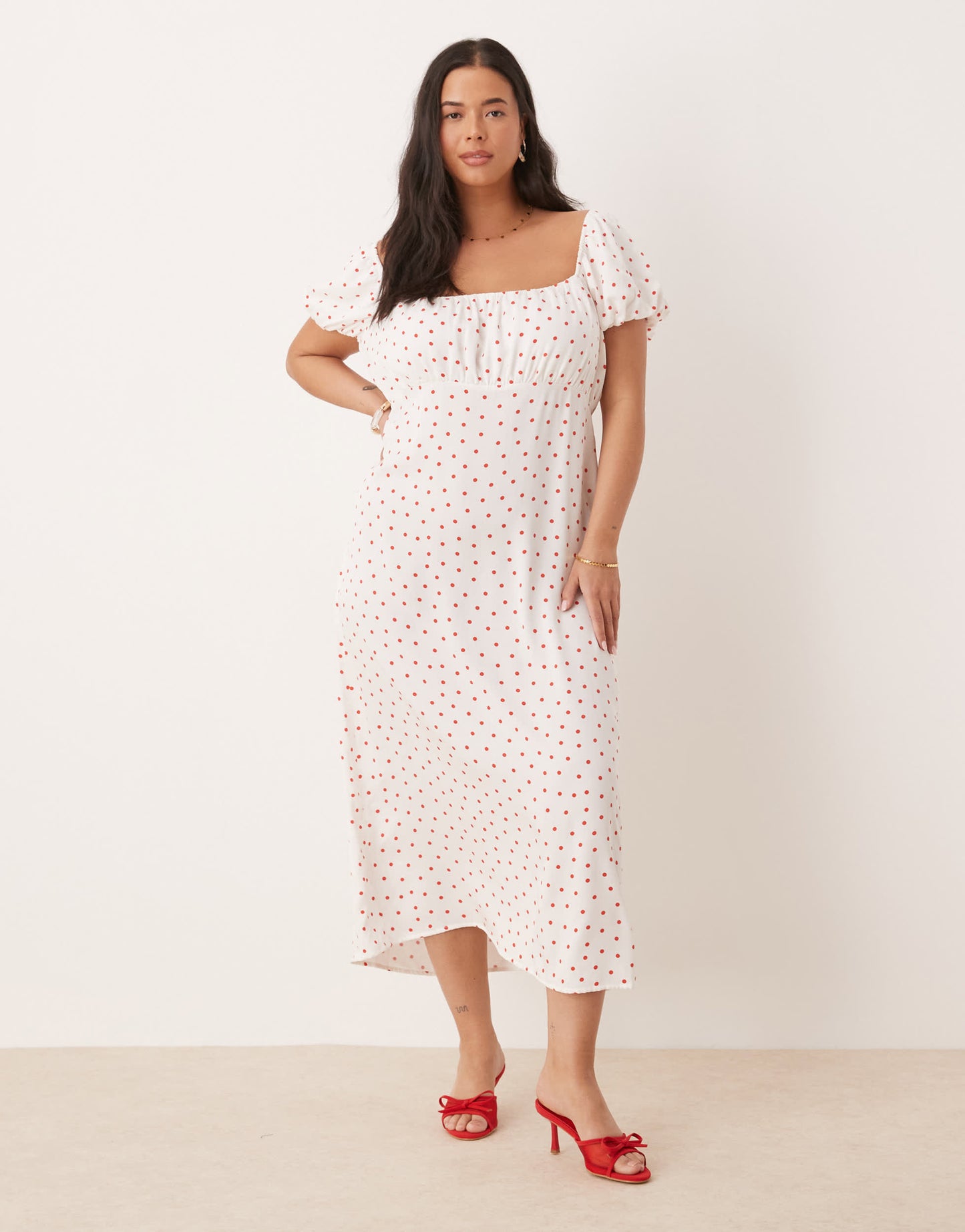 Nobody's Child Plus Raven puff sleeve midi dress in white and red polka dot