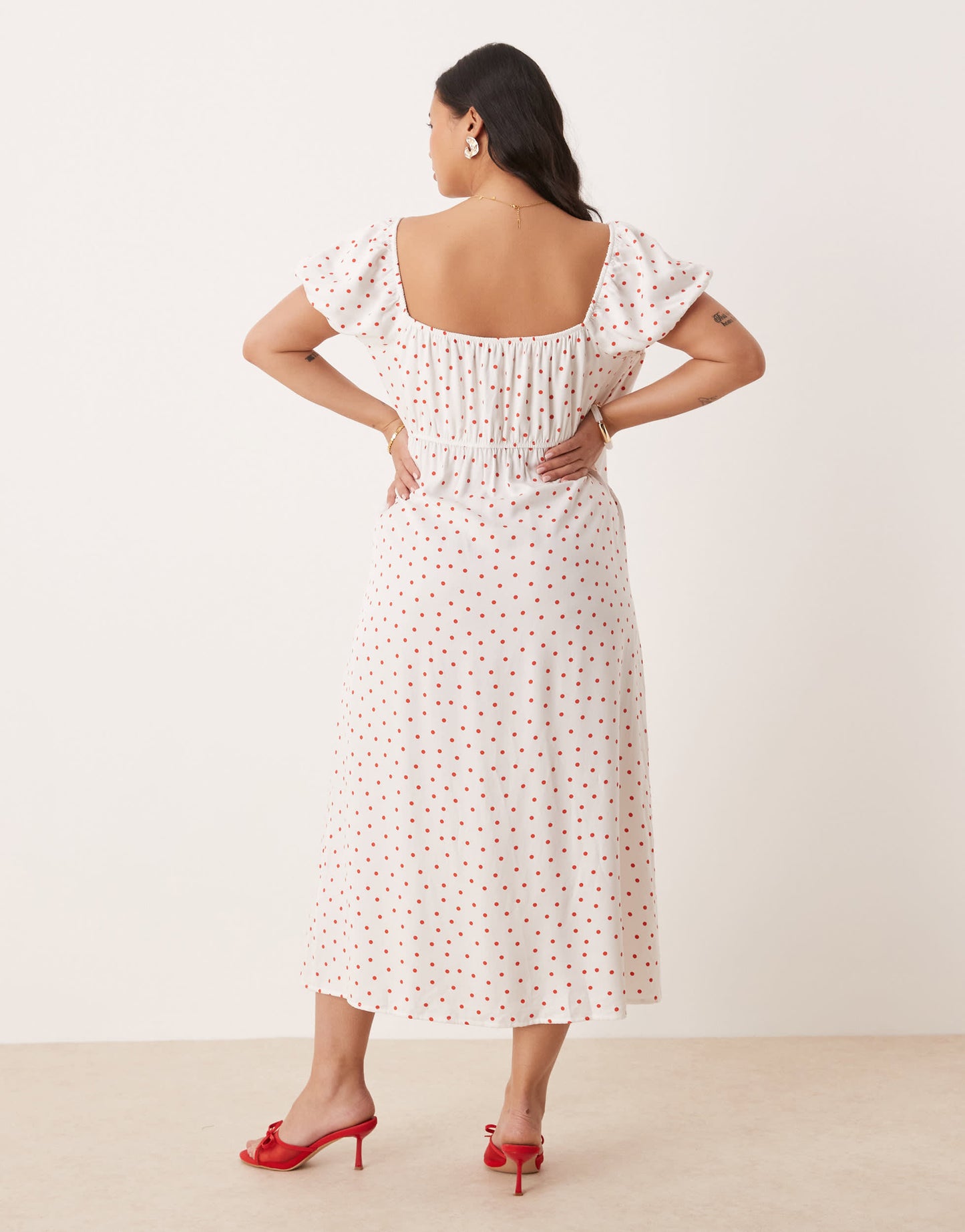 Nobody's Child Plus Raven puff sleeve midi dress in white and red polka dot