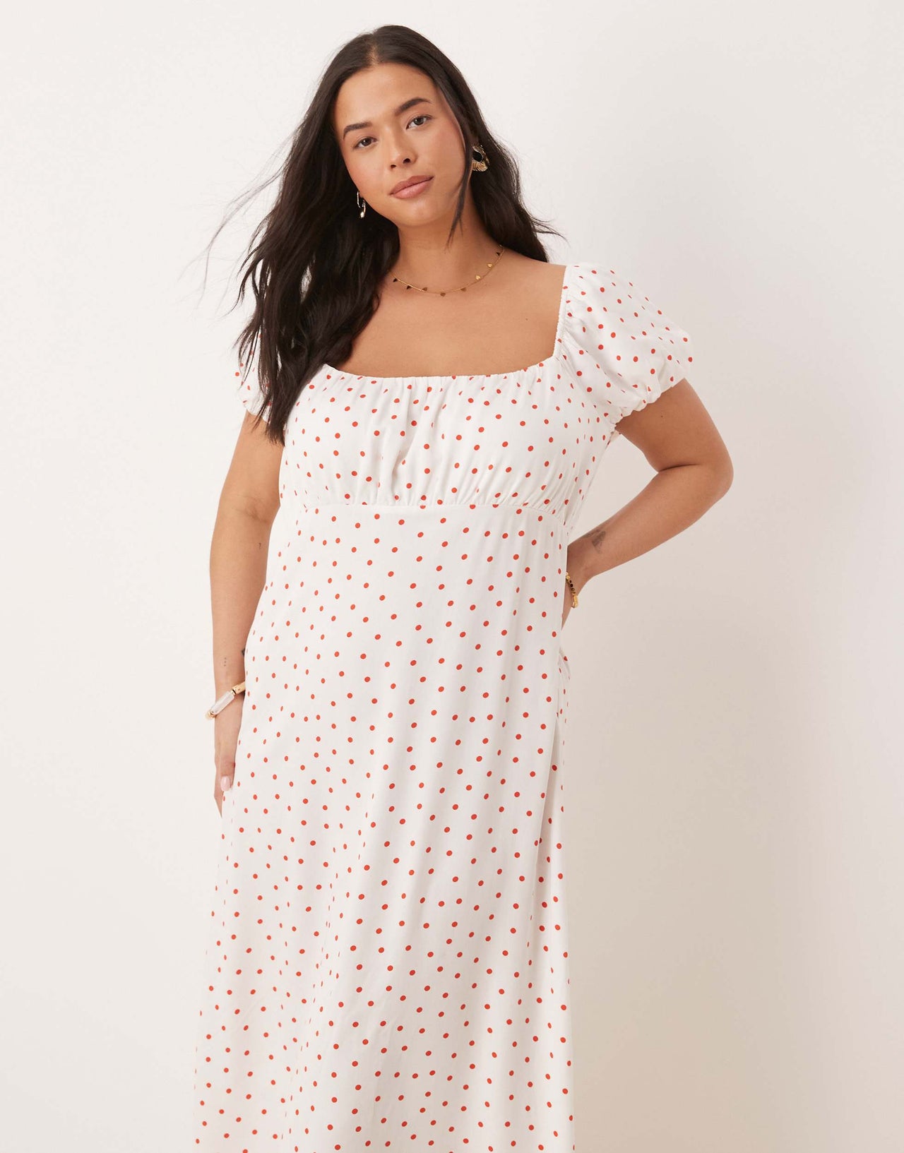 Nobody's Child Plus Raven puff sleeve midi dress in white and red polka dot