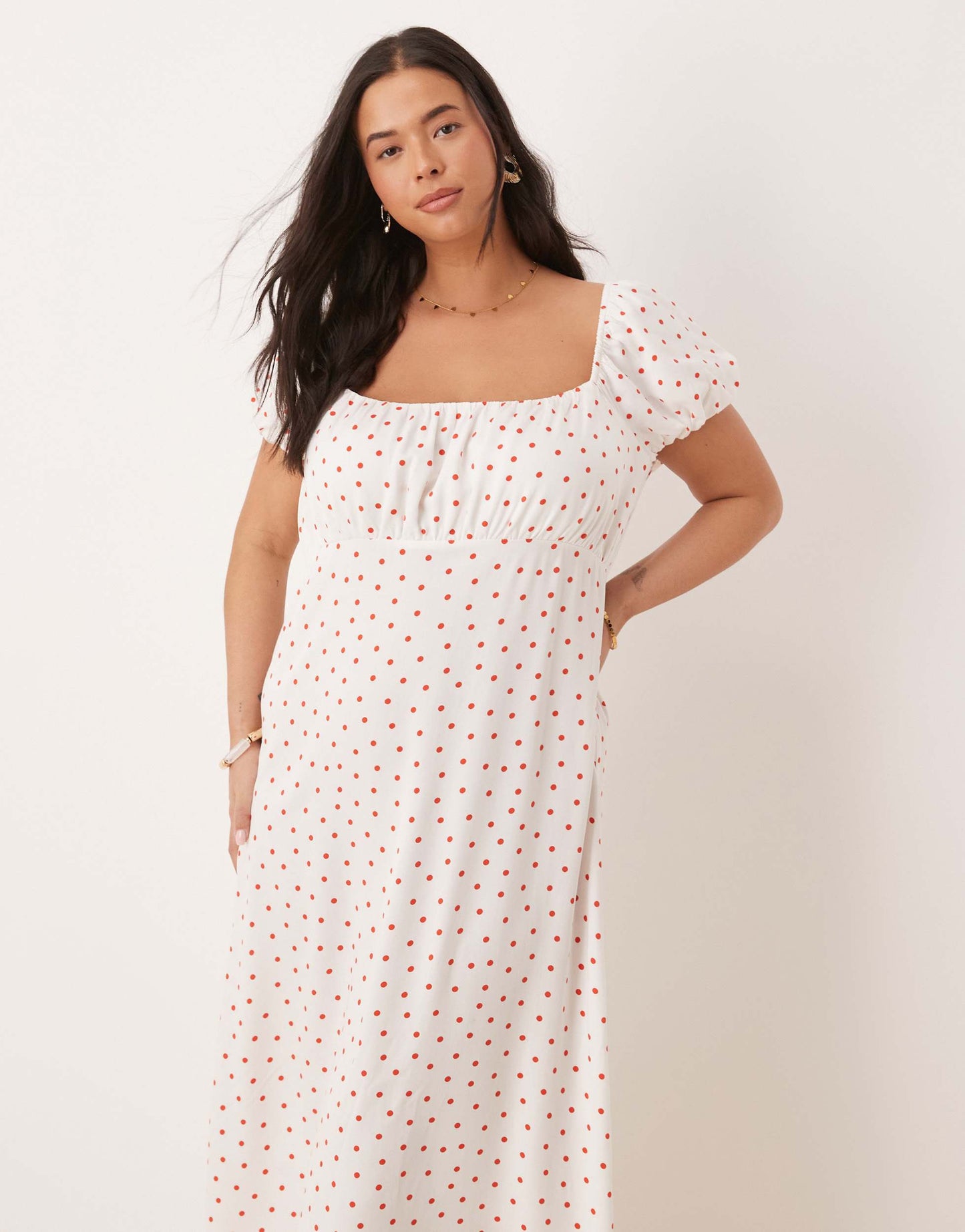 Nobody's Child Plus Raven puff sleeve midi dress in white and red polka dot