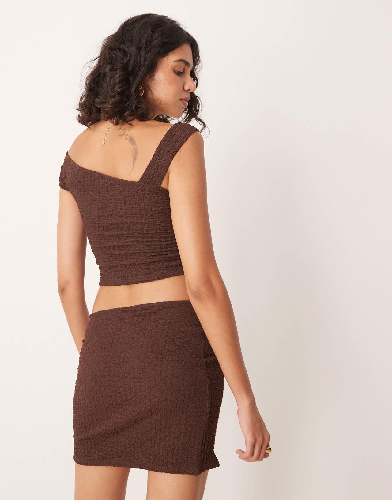 ASOS DESIGN co-ord texture mini skirt with trim detail in chocolate