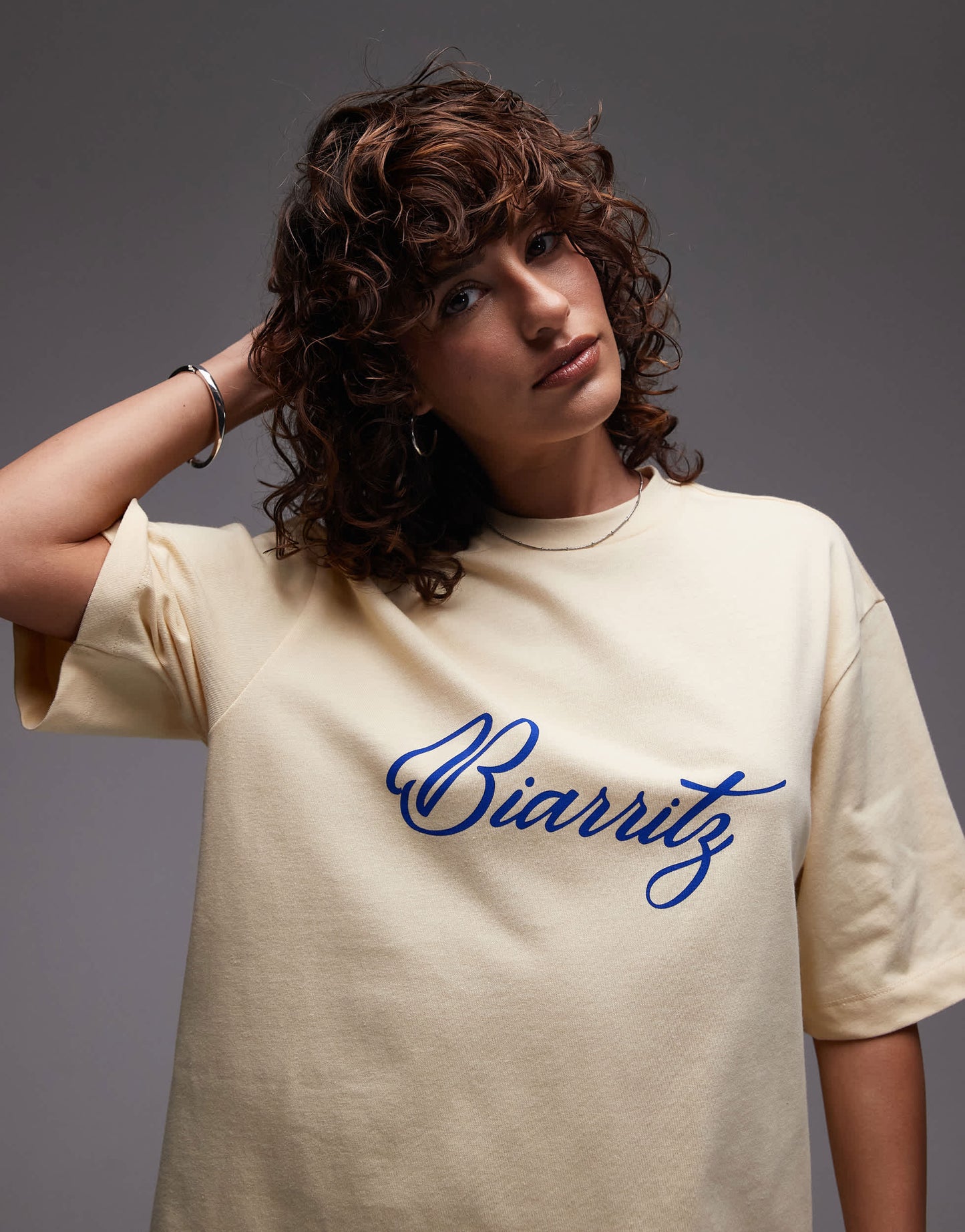 Topshop jersey Biarritz graphic oversized t shirt in buttermilk yellow