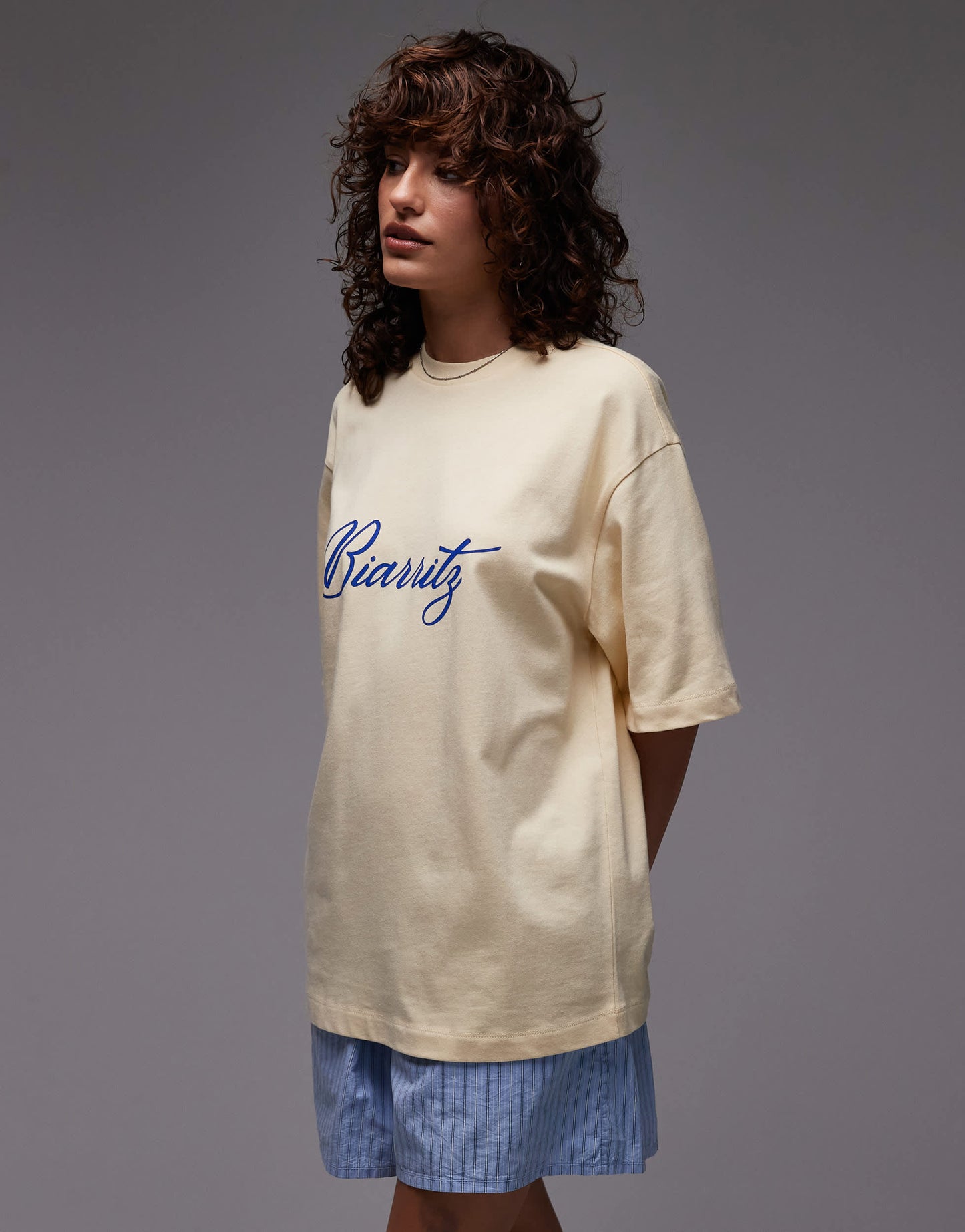 Topshop jersey Biarritz graphic oversized t shirt in buttermilk yellow