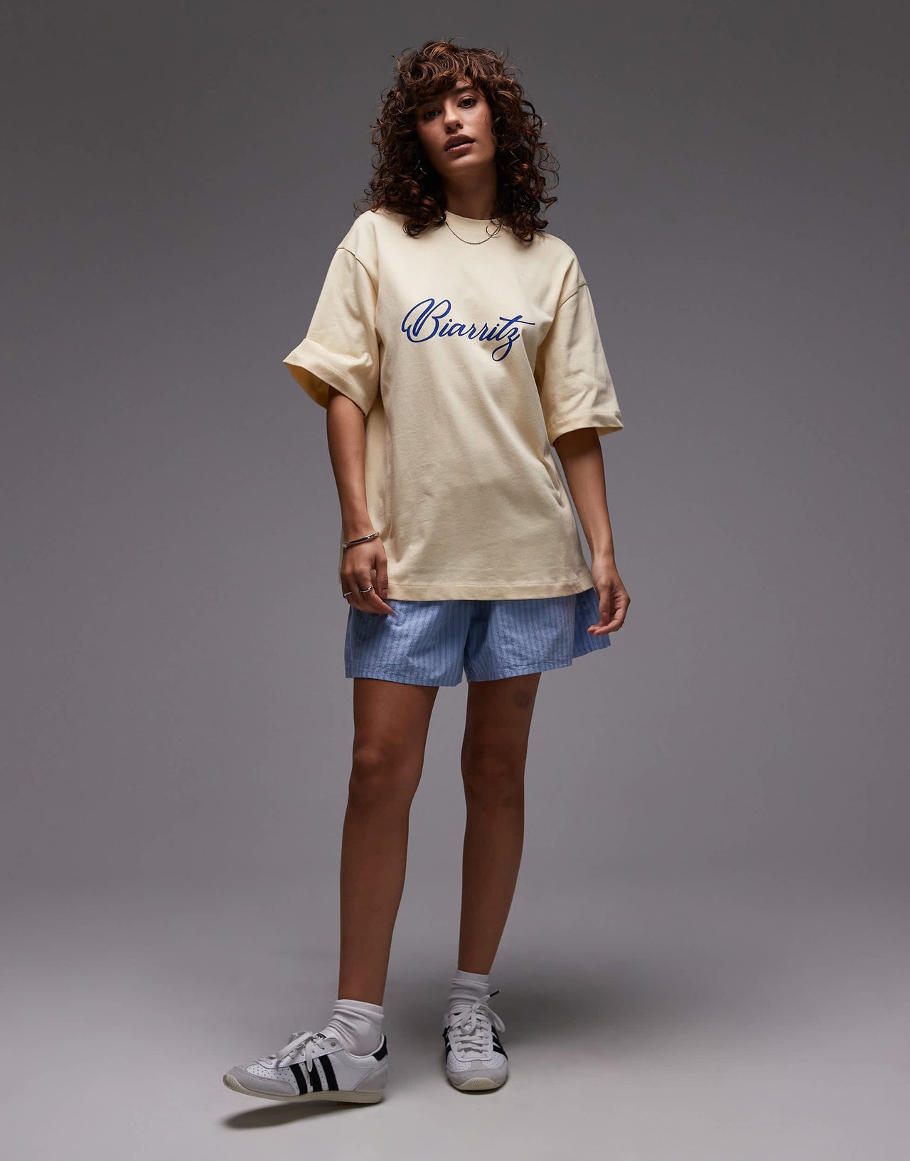 Topshop jersey Biarritz graphic oversized t shirt in buttermilk yellow