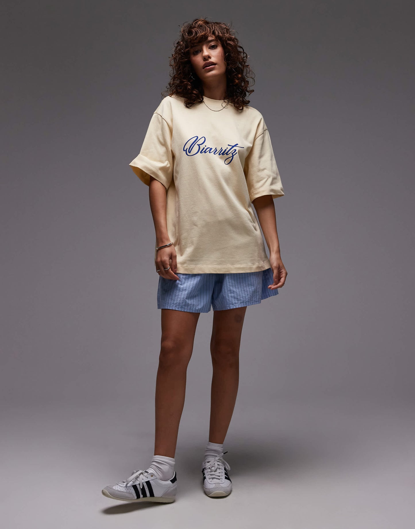 Topshop jersey Biarritz graphic oversized t shirt in buttermilk yellow