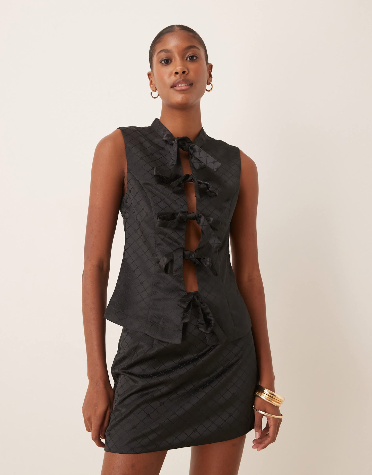 Glamorous tie bow front top in black check co-ord