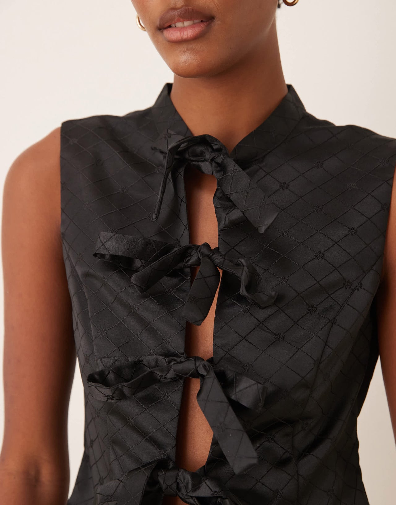 Glamorous tie bow front top in black check co-ord