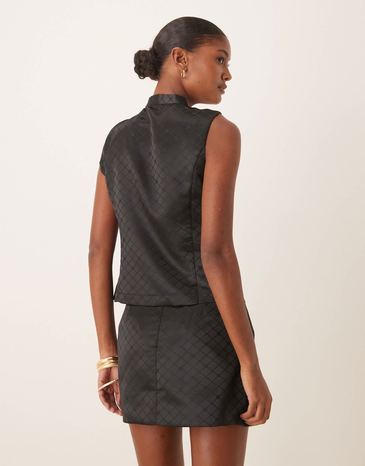 Glamorous tie bow front top in black check co-ord