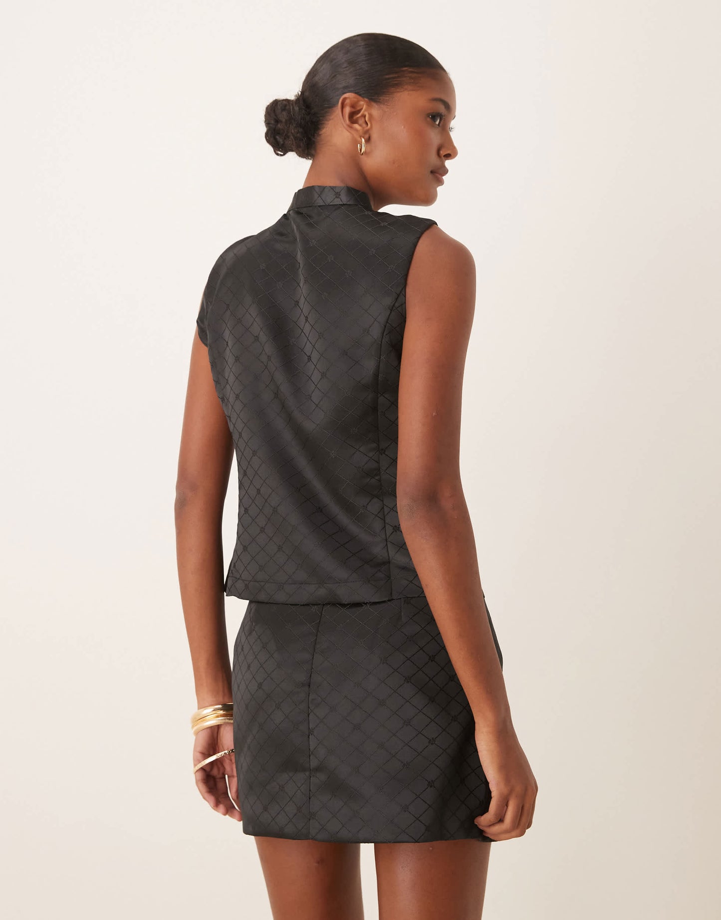 Glamorous tie bow front top in black check co-ord