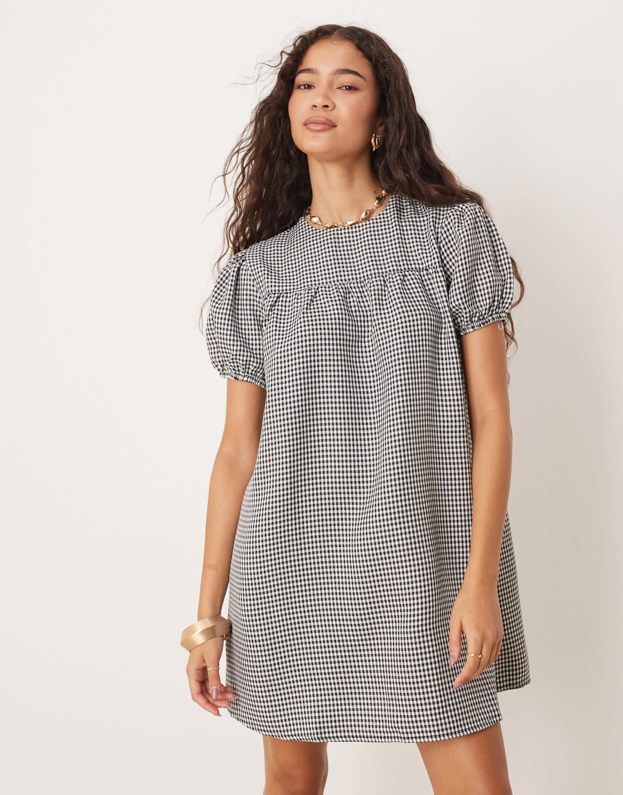 Glamorous chuck on babydoll smock dress in black and white check