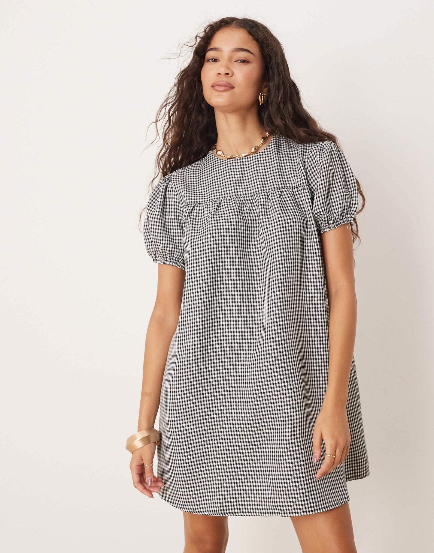 Glamorous chuck on babydoll smock dress in black and white check