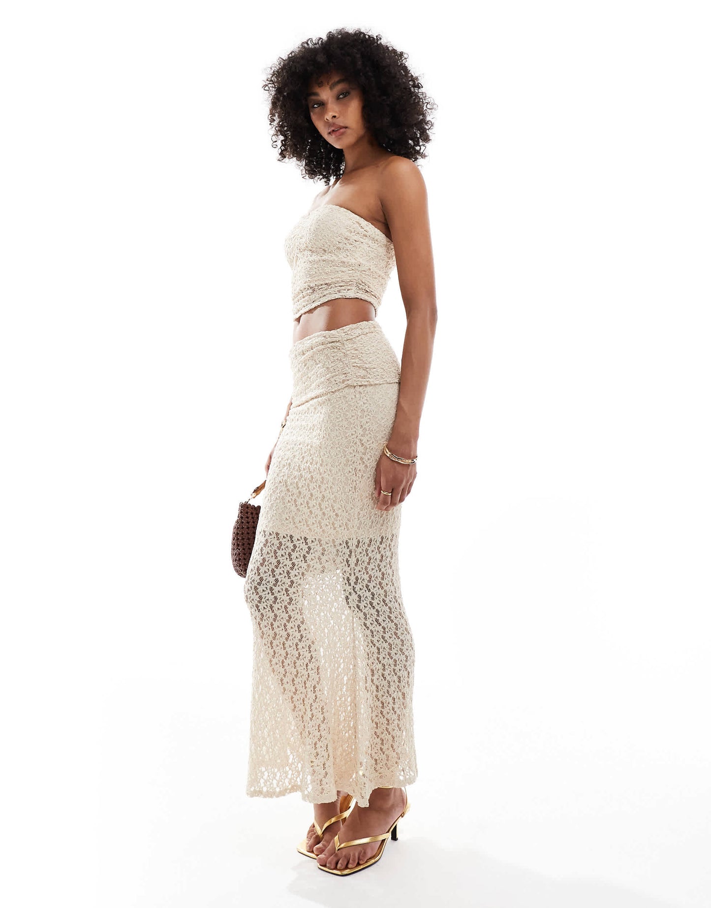 New Look co-ord lace foldover midi skirt in off white