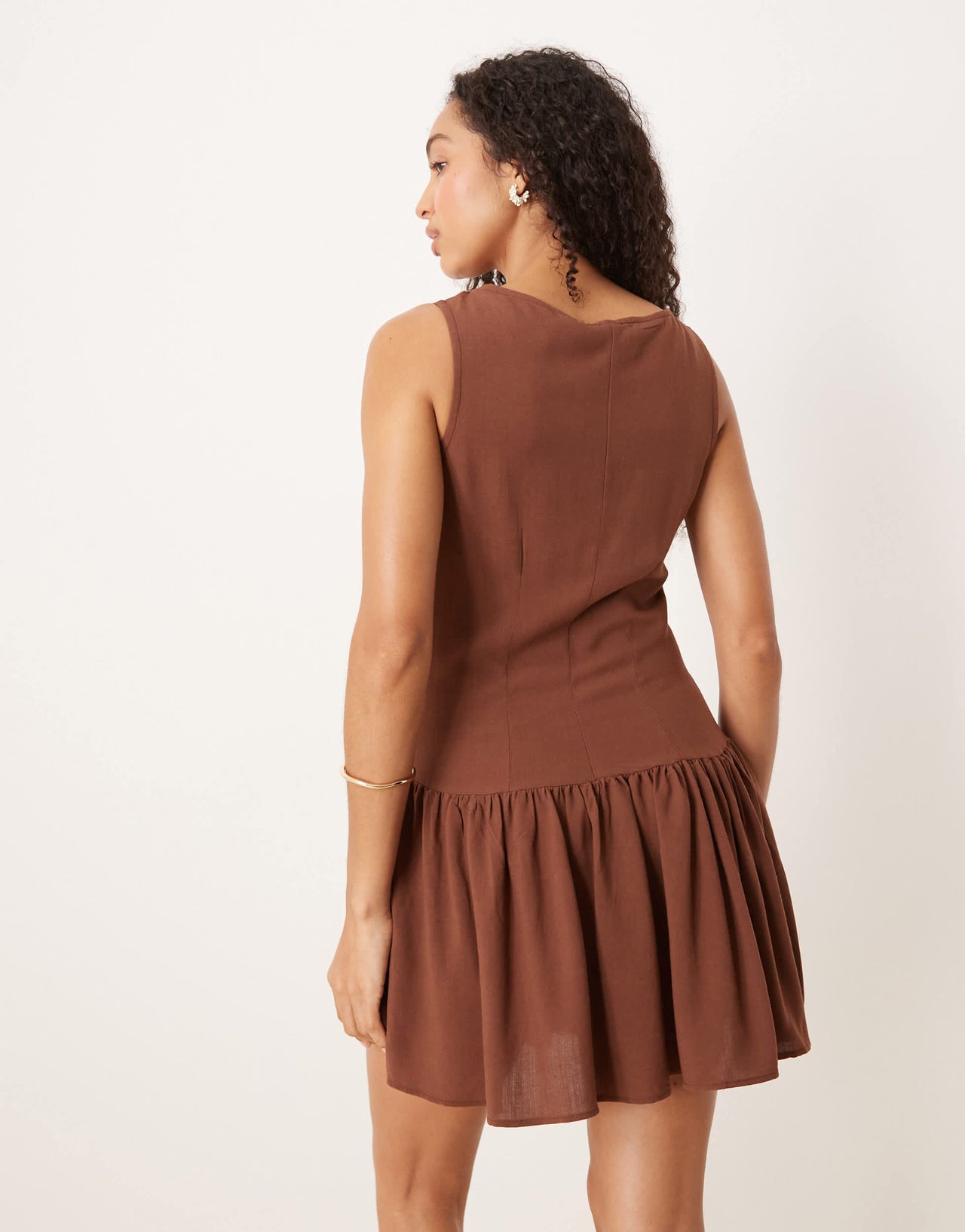 ASOS DESIGN linen blend drop waist mini dress in chocolate