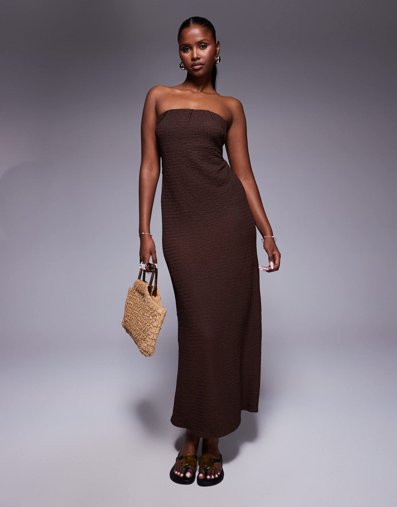 ASOS DESIGN textured bandeau tie back midi dress in chocolate