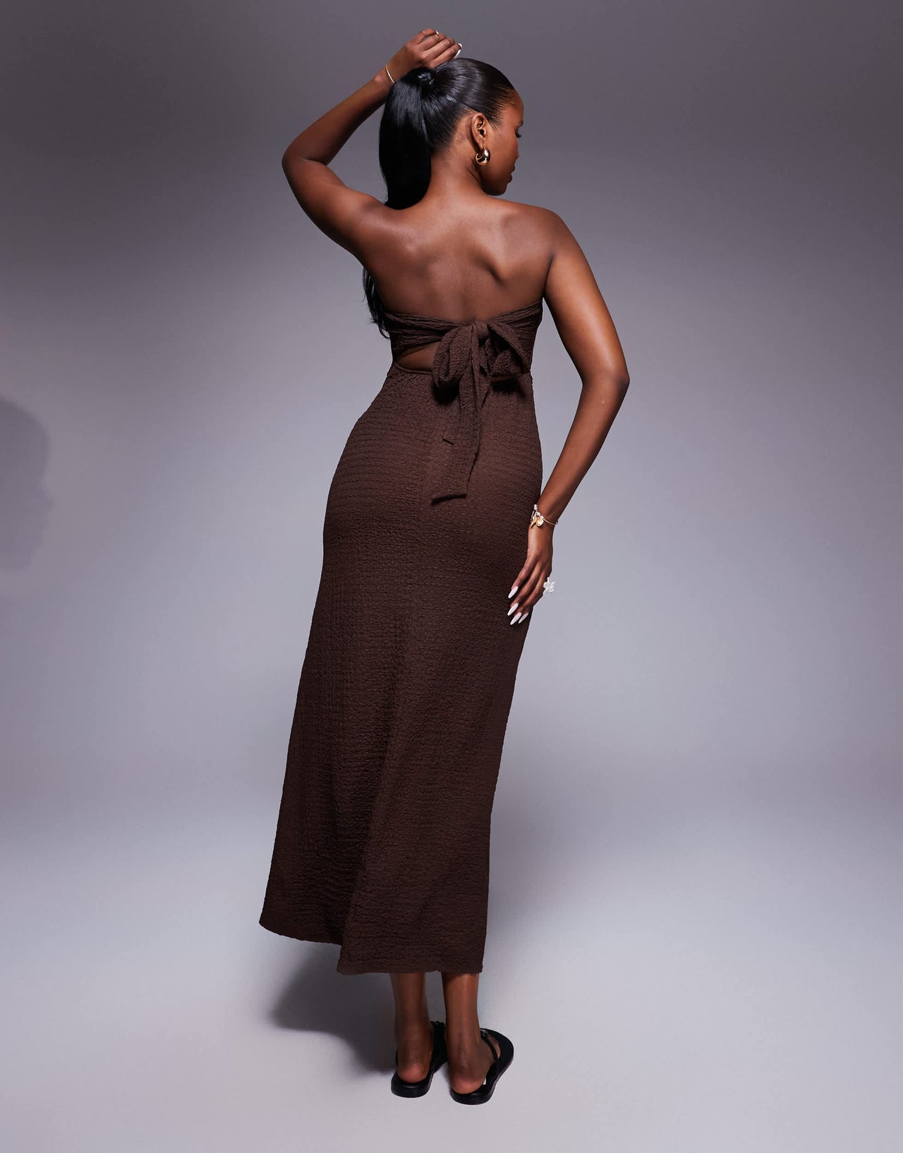 ASOS DESIGN textured bandeau tie back midi dress in chocolate