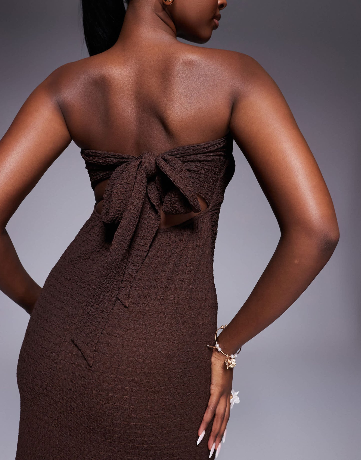 ASOS DESIGN textured bandeau tie back midi dress in chocolate