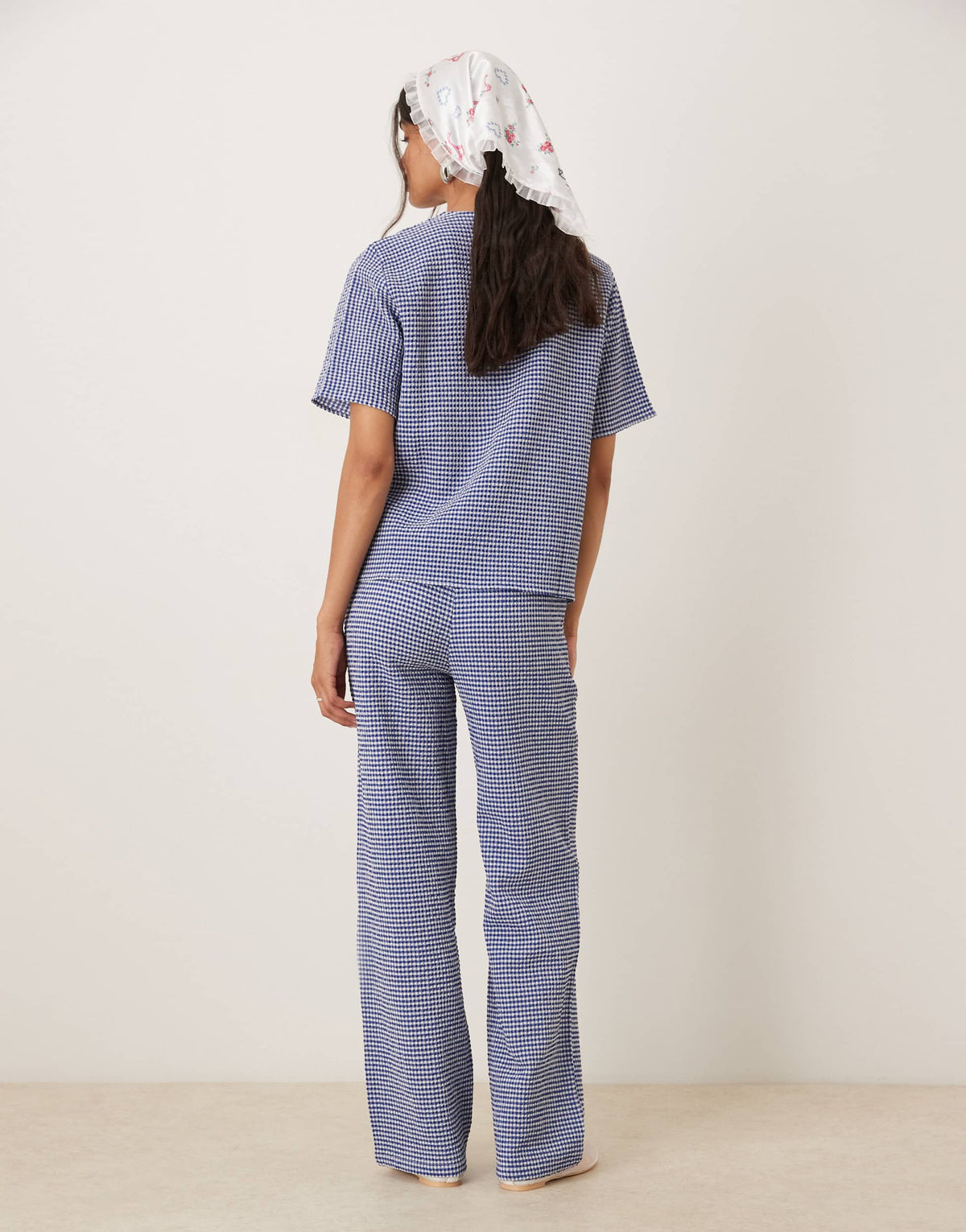 JDY seersucker wide leg trousers co-ord in blue gingham