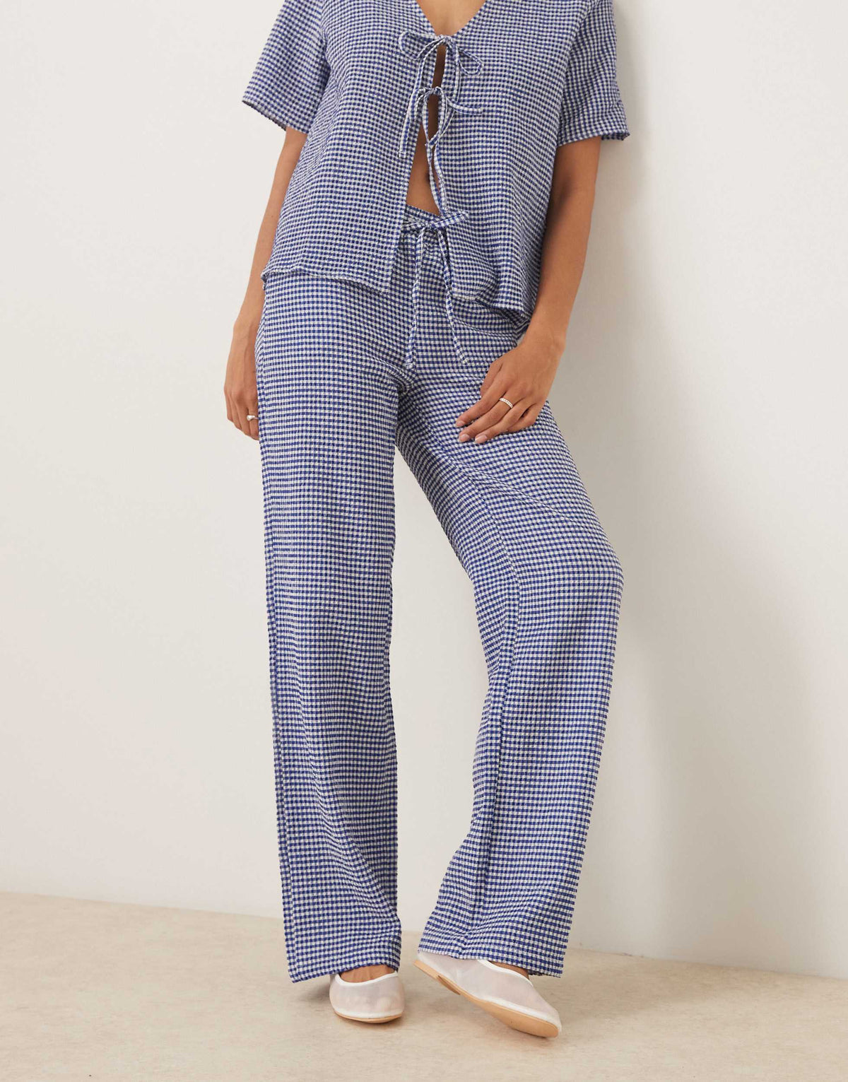 JDY seersucker wide leg trousers co-ord in blue gingham