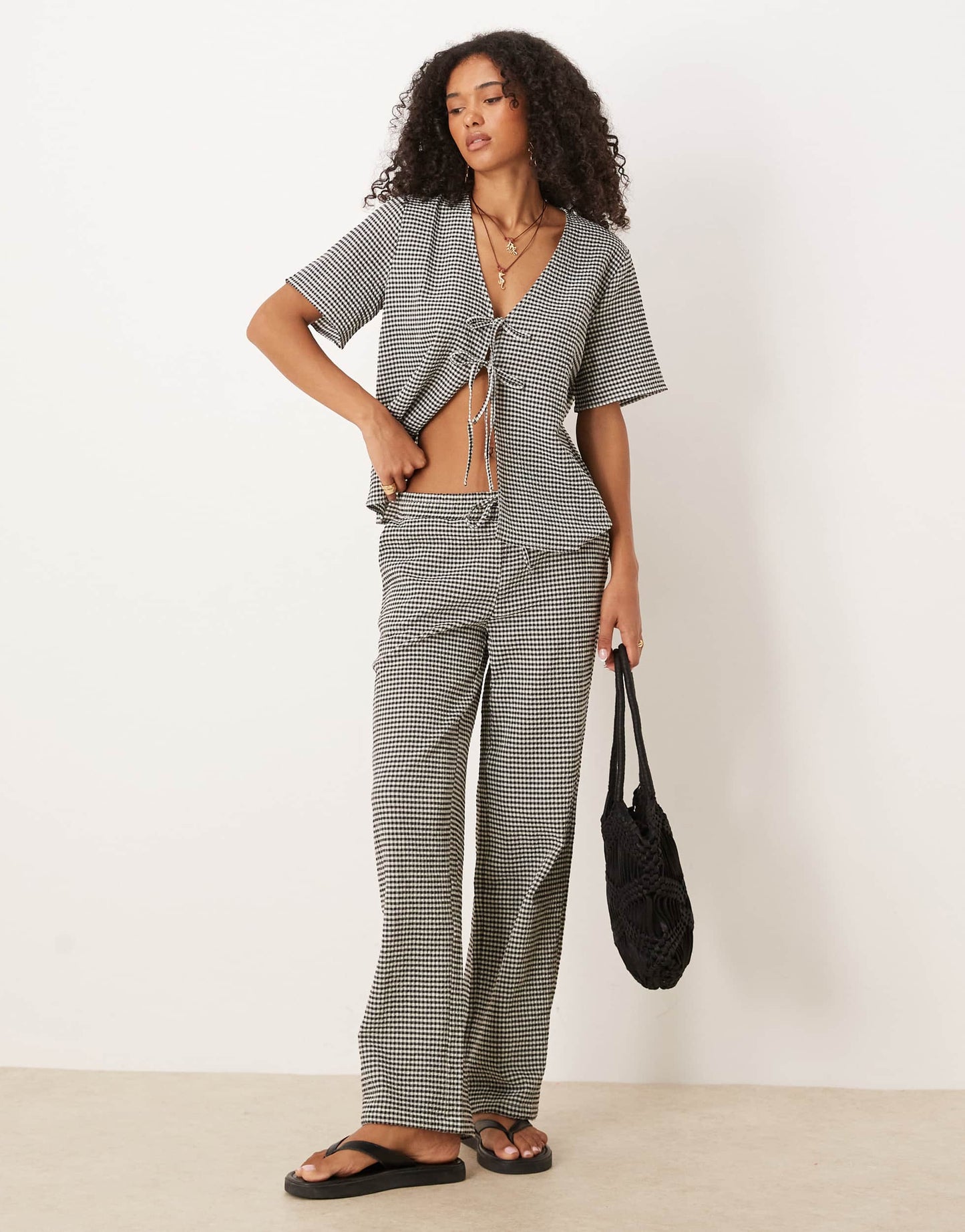 JDY seersucker wide leg trousers co-ord in black gingham